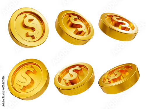 3d glossy dollar coins. 6 directions of shiny coins. symbol of wealth. 3d illustration.