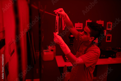 Serious young photographer working with printed photos in darkroom