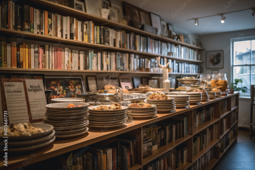 Blurred shelves filled with cookbooks and recipe cards in a kitchen library Generative AI