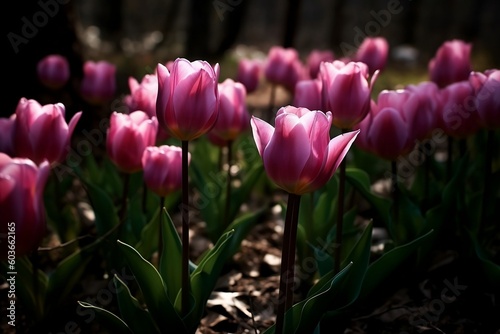 pink tulips in spring. Generative AI.