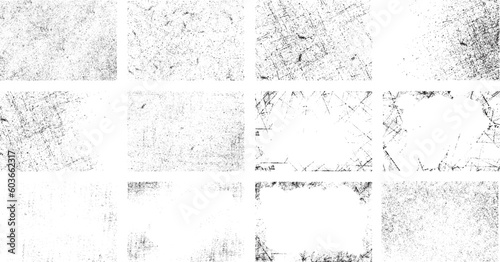 Overlay textures set stamp with grunge effect. Old damage Dirty grainy and scratches. Set of different distressed black grain texture. Distress overlay vector textures. photo