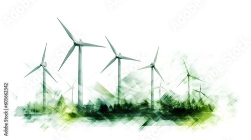 Green energy concept through a sketch of wind turbines, isolated on a white background with green color accents. Wind turbines in the production of sustainable, renewable energy. Generative AI © TensorSpark