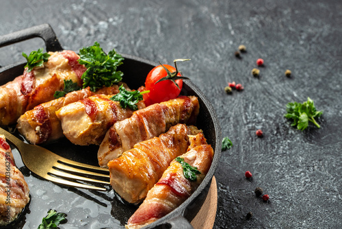 Rolls of chicken fillet and bacon, Food recipe background. Close up