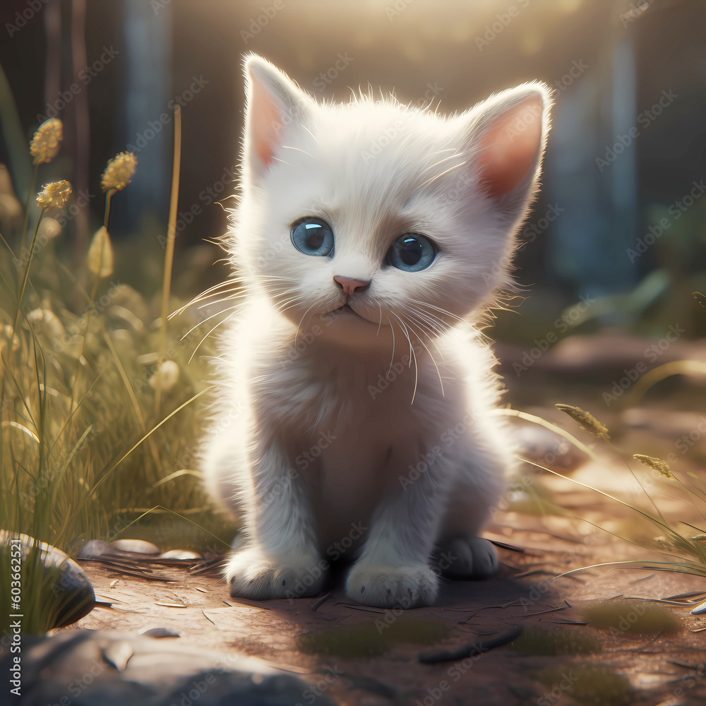 A white cartoon kitten with blue eyes seat on the grass Generative AI A white cartoon kitten with blue eyes seat on the grass Generative AI