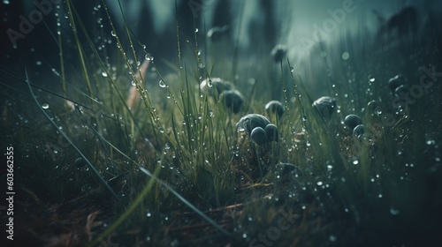 a conglomeration of mushrooms perched above a verdant and leafy landscape. Generative AI