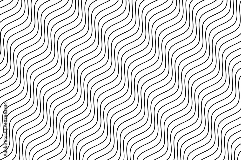Black water wave lines fabric pattern on white background vector. Abstract liquid wavy stripes pattern. Diagonal optical illusion curve strips. Wall and floor ceramic tiles pattern.