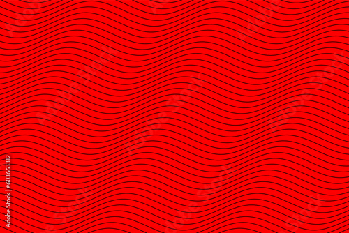 Black water wave lines fabric pattern on red background vector. Abstract liquid wavy stripes pattern. Horizontal optical illusion curve strips. Wall and floor ceramic tiles pattern.