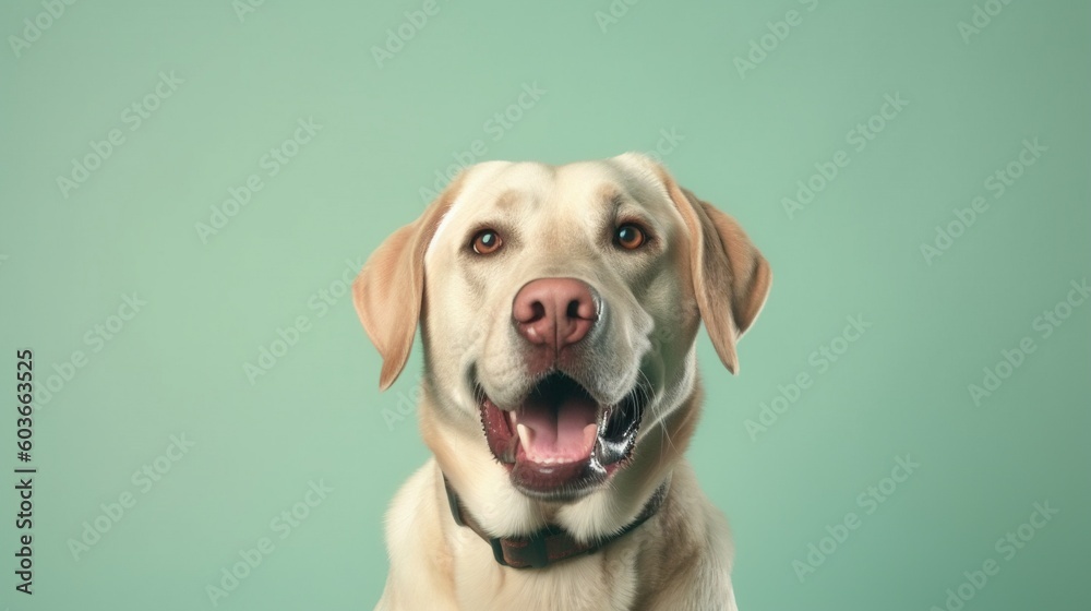 Labrador Retriever dog portrait on green background with copy space.Generative Ai Labrador Retriever dog portrait on green background with copy space.Generative Ai