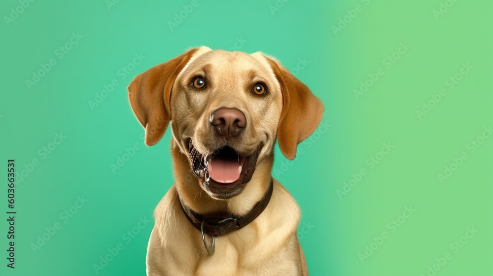Labrador Retriever dog portrait on green background with copy space.Generative Ai Labrador Retriever dog portrait on green background with copy space.Generative Ai