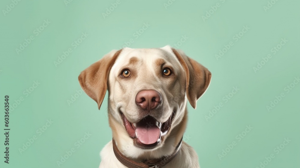 Labrador Retriever dog portrait on green background with copy space.Generative Ai Labrador Retriever dog portrait on green background with copy space.Generative Ai