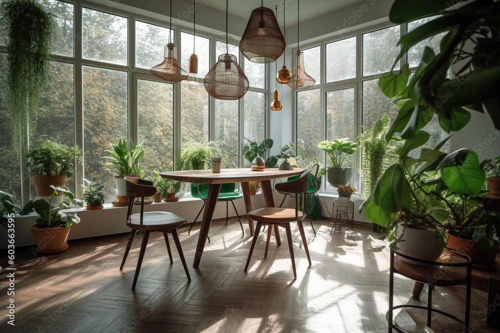 Biophilic interior design. A room with plants and a large window. generative ai