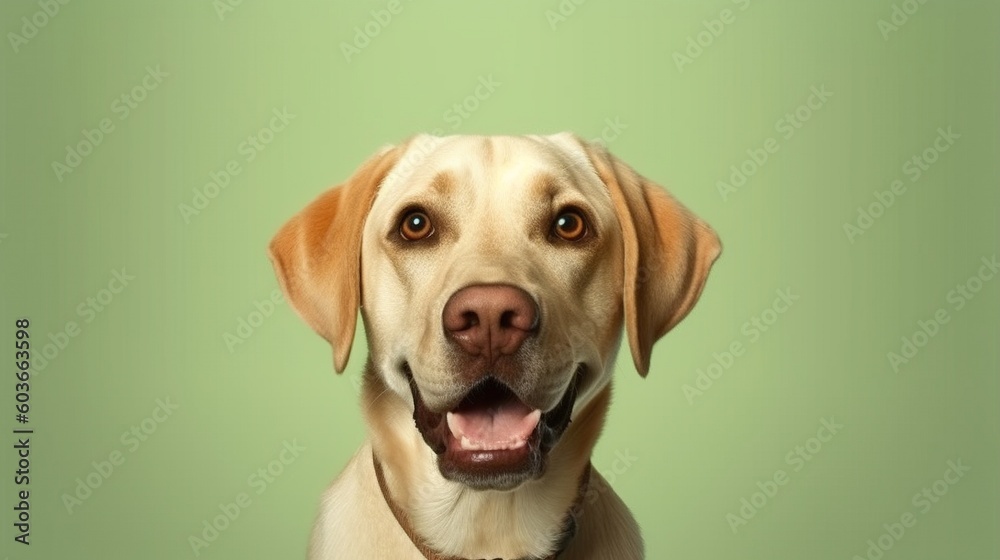 Labrador Retriever dog portrait on green background with copy space.Generative Ai Labrador Retriever dog portrait on green background with copy space.Generative Ai
