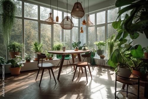 Biophilic interior design. A room with plants and a large window. generative ai