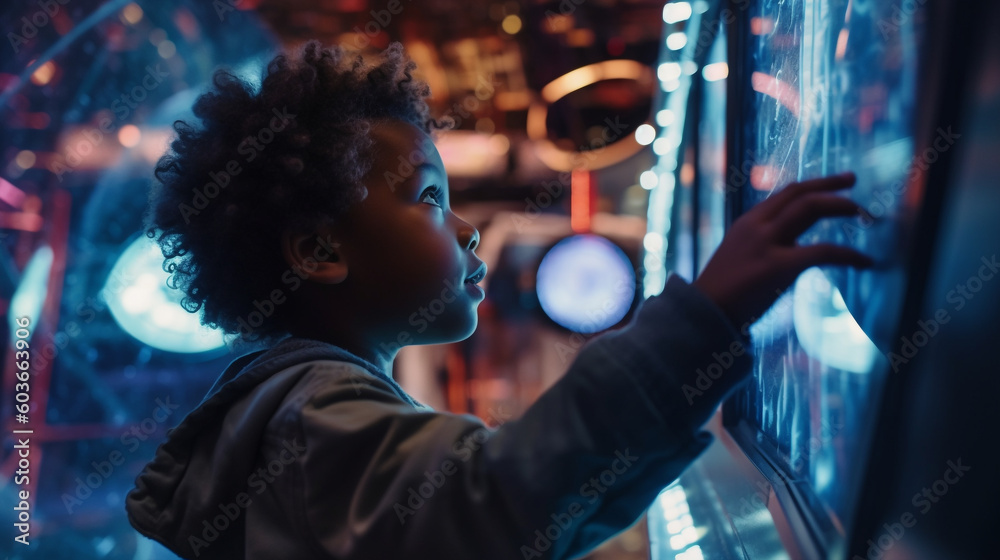 Generative ai cute mixed race child boy interacting with touch interface Generative ai cute mixed race child boy interacting with touch interface