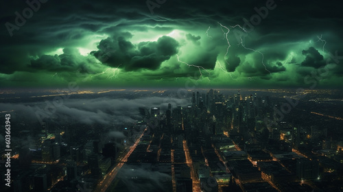 Generative ai lightning thunderstorm flash over the night sky of metropolis photo