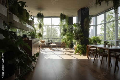 Biophilic interior design. A Large bright kitchen with plants and a large window. generative ai