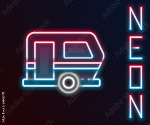 Glowing neon line Rv Camping trailer icon isolated on black background. Travel mobile home, caravan, home camper for travel. Colorful outline concept. Vector