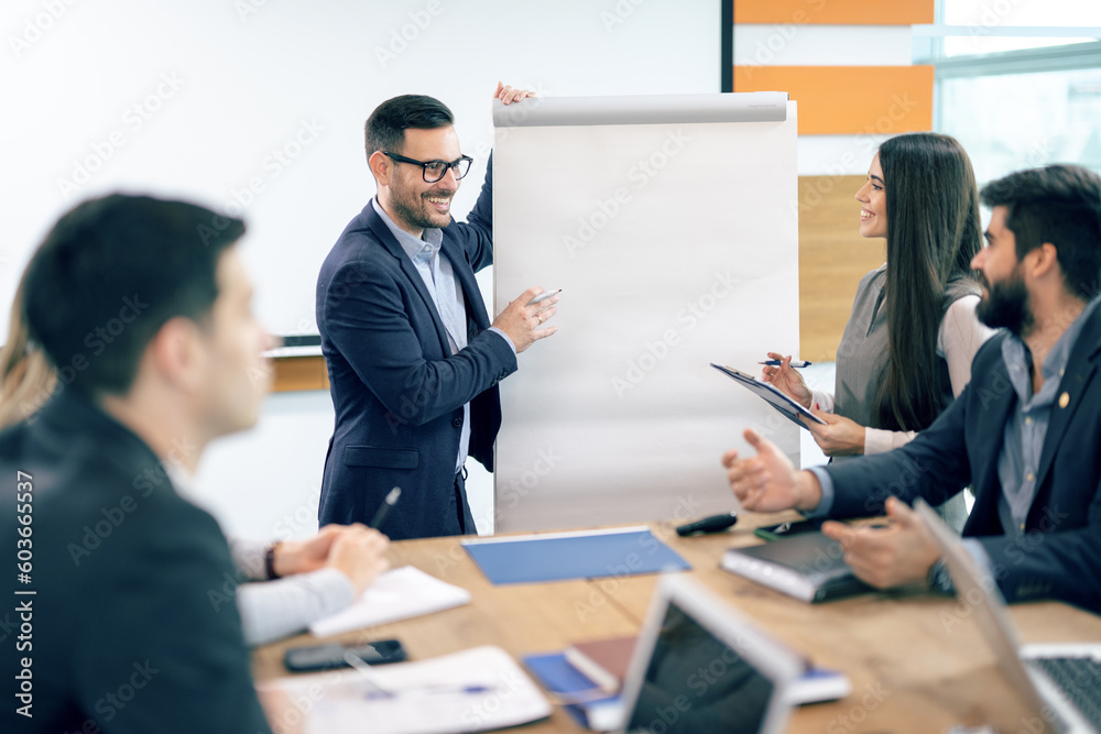 Business startup manager coach making presentation during teamwork training meeting in boardroom. Businessman having seminar in front of his business partners and colleagues. Empty board, copy space. Business startup manager coach making presentation during teamwork training meeting in boardroom. Businessman having seminar in front of his business partners and colleagues. Empty board, copy space.