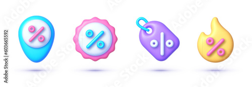 3D shopping icon set. Discount promotion. 3d business icon set. Vector icons