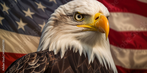 Patriotic majestic bald eagle in front of American flag on 4th July