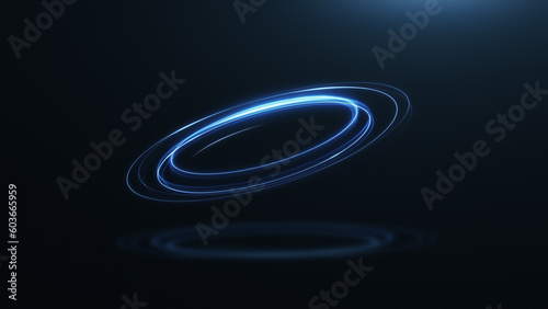 3d render circular neon blue light with glitter particles on black background