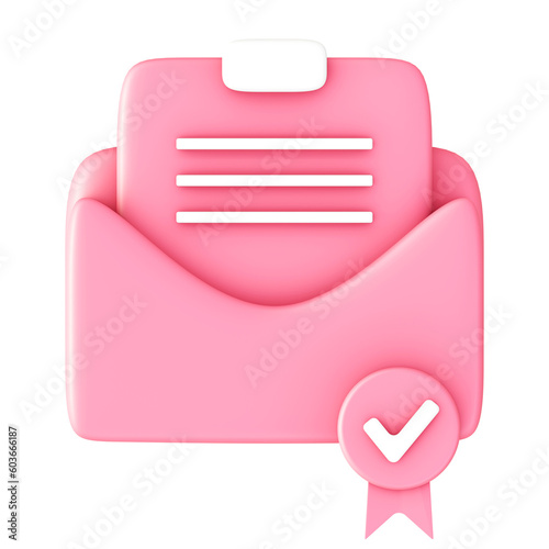 3d illustration icon of pink reading email inbox with checklist for UI UX web mobile app social media ads