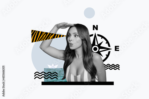 Collage portrait of impressed black white gamma girl hand forehead look curious away far compass isolated on white background