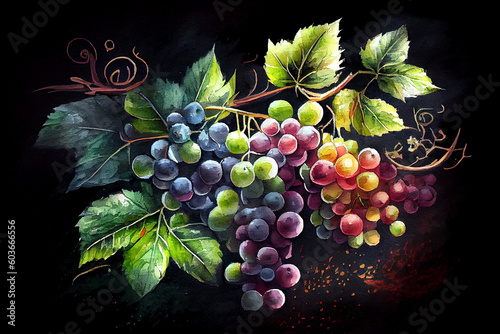 A vibrant illustration capturing the luscious beauty of grapes, showcasing their juicy and plump form in a delightful composition, generative ai