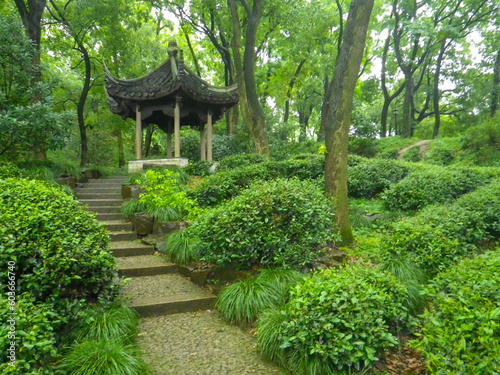 path through the green gardens with trees to the chinese gazebo © Antje