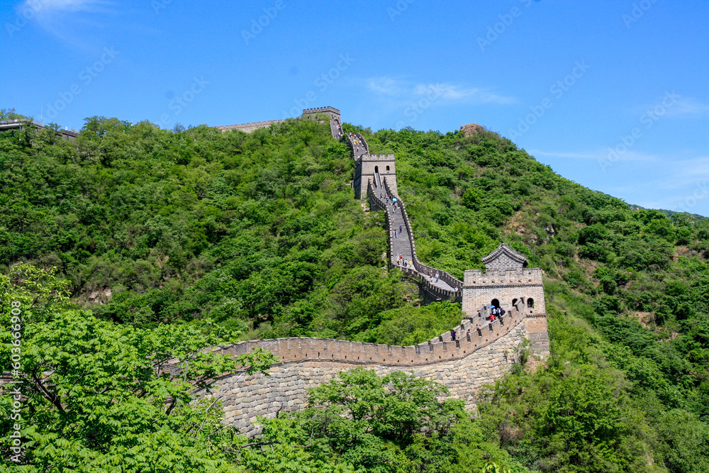 view of the great wall of china going up the hill