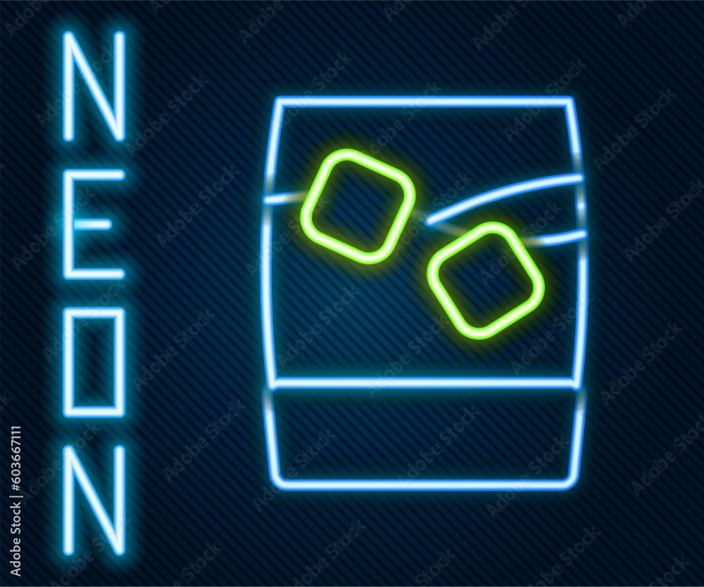 Glowing neon line Glass of whiskey with ice cubes icon isolated on black background. Colorful outline concept. Vector Glowing neon line Glass of whiskey with ice cubes icon isolated on black background. Colorful outline concept. Vector