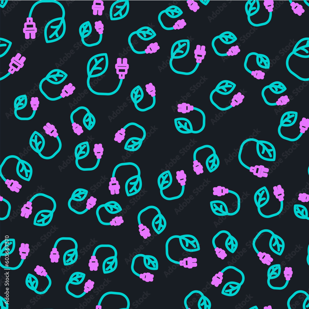 Line Electric saving plug in leaf icon isolated seamless pattern on black background. Save energy electricity. Environmental protection. Bio energy. Vector Line Electric saving plug in leaf icon isolated seamless pattern on black background. Save energy electricity. Environmental protection. Bio energy. Vector