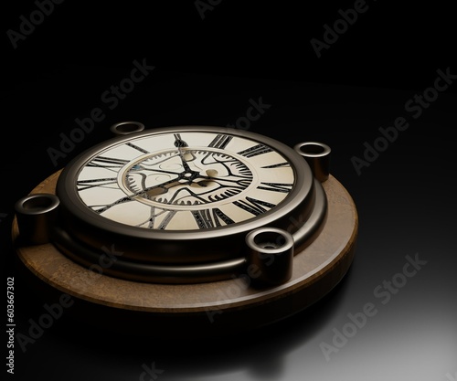 Decorative vintage or old retro wall clock in the dark background 3d rendering 