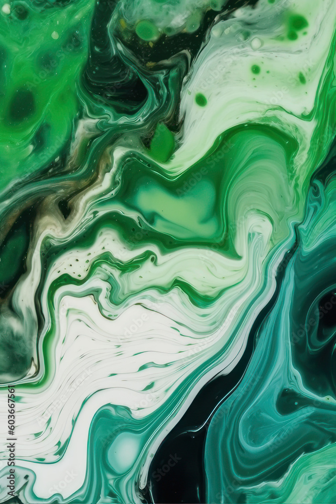 Abstract vertical background in fluid art style. Green and white paint. AI generative.