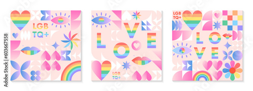 Pride month pattern templates.LGBTQ+ community vector illustrations in bauhaus style with geometric elements and rainbow lgbt symbols.Human rights movement concept.Gay parade.Colorful cover designs.