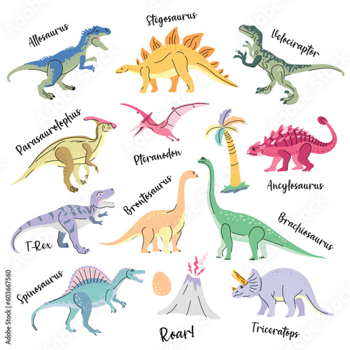 Set of cute bright dinosaurs including T-rex  Brontosaurus  Triceratops  Velociraptor  Pteranodon  Allosaurus  etc. Isolated on white Trend illustration for kid