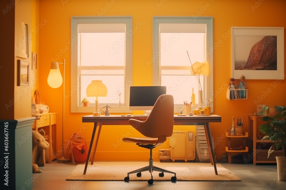 Fototapeta premium stylish home interior in bright colours, working place with chair and table, computer, created with Generative AI Technology