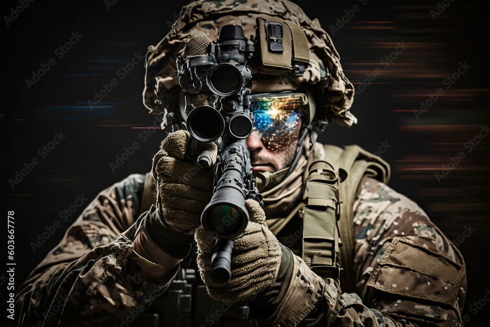 Close-up studio photo. elite unit, special forces soldier in camouflage uniform holding an assault rifle with a laser sight made with Generative AI