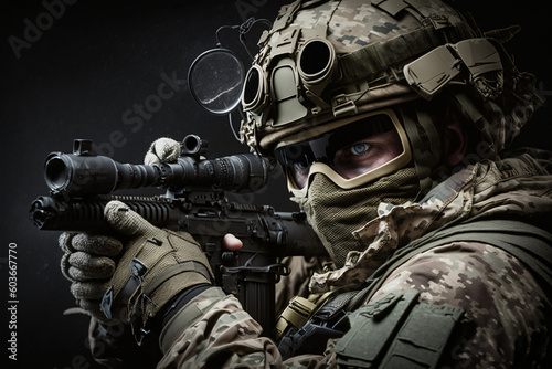 Close-up studio photo. elite unit, special forces soldier in camouflage uniform holding an assault rifle with a laser sight made with Generative AI © yuniazizah