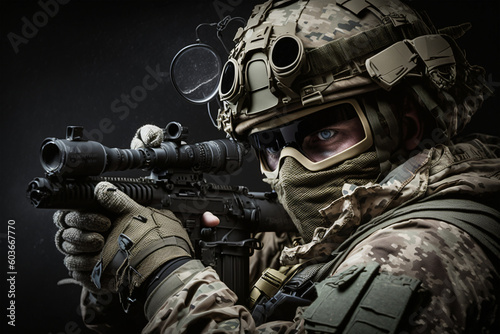 Close-up studio photo. elite unit, special forces soldier in camouflage uniform holding an assault rifle with a laser sight made with Generative AI