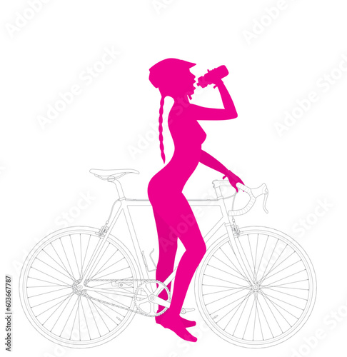 Vector silhouette of a girl drinking from a water bottle and standing by a gravel bike. Isolated on white background