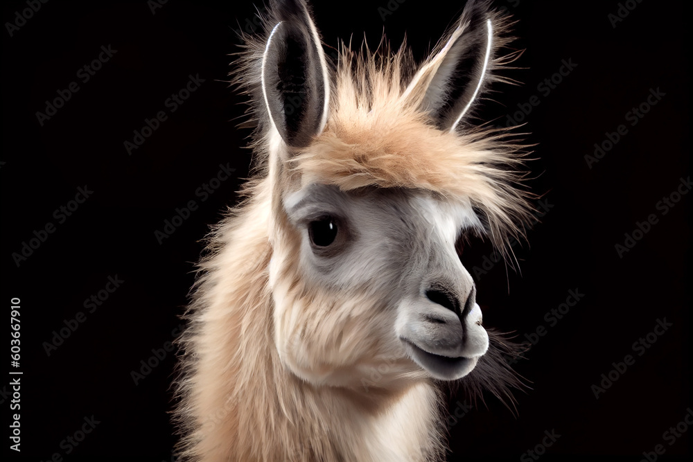 A photorealistic generative ai illustration of a majestic llama, beautifully rendered with intricate details, standing confidently against a dark background