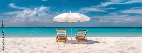 Seaside Paradise: Beautiful Beach Banner with White Sand, Chairs, and Umbrella for Travel and Tourism