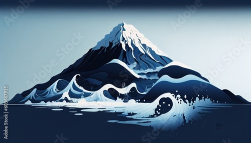 Japanese traditional Ukiyoe in blue Rough waves in the distance, rising like Mt. Fuji Abstract, Elegant and Modern AI-generated illustration photo