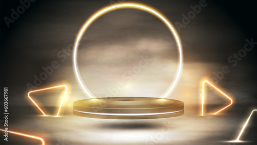 Empty gold podium for product presentation with gold neon triangles around in fog, 3d realistic vector illustration. Gold digital background