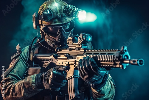 Close-up studio photo. elite unit, special forces soldier in camouflage uniform holding an assault rifle with a laser sight made with Generative AI