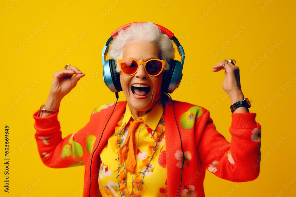 stylish and cheerful older woman with headphones has fun and dances while listening to music on a yellow background, created with Generative AI Technology stylish and cheerful older woman with headphones has fun and dances while listening to music on a yellow background, created with Generative AI Technology