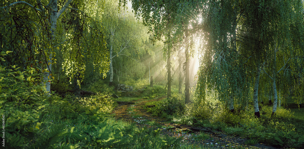 A lush mixed forest of birches and conifers in the evening light in a fine misty haze that, together with the trees, creates volumetric rays of sunlight illuminating the forest path. 3d rendering.