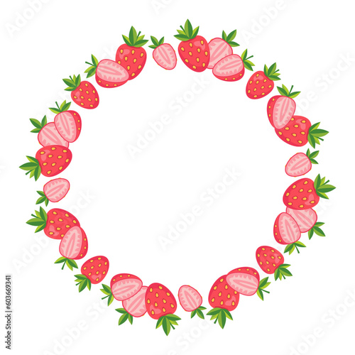 Round border frame with strawberry. Isolated vector and PNG illustration on transparent background.