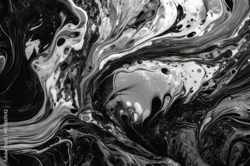 Abstract background in fluid art style. Black and white liquid acrylic paint. AI generative.
